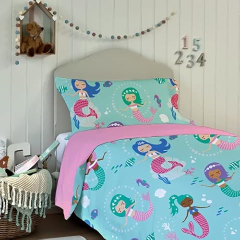 Boston Linen Co. Kids Duvet Cover Twin Size 2 Piece Set 200 TC Duvet Cover with 1 Sham Mermaid World Pattern for Kids Cover