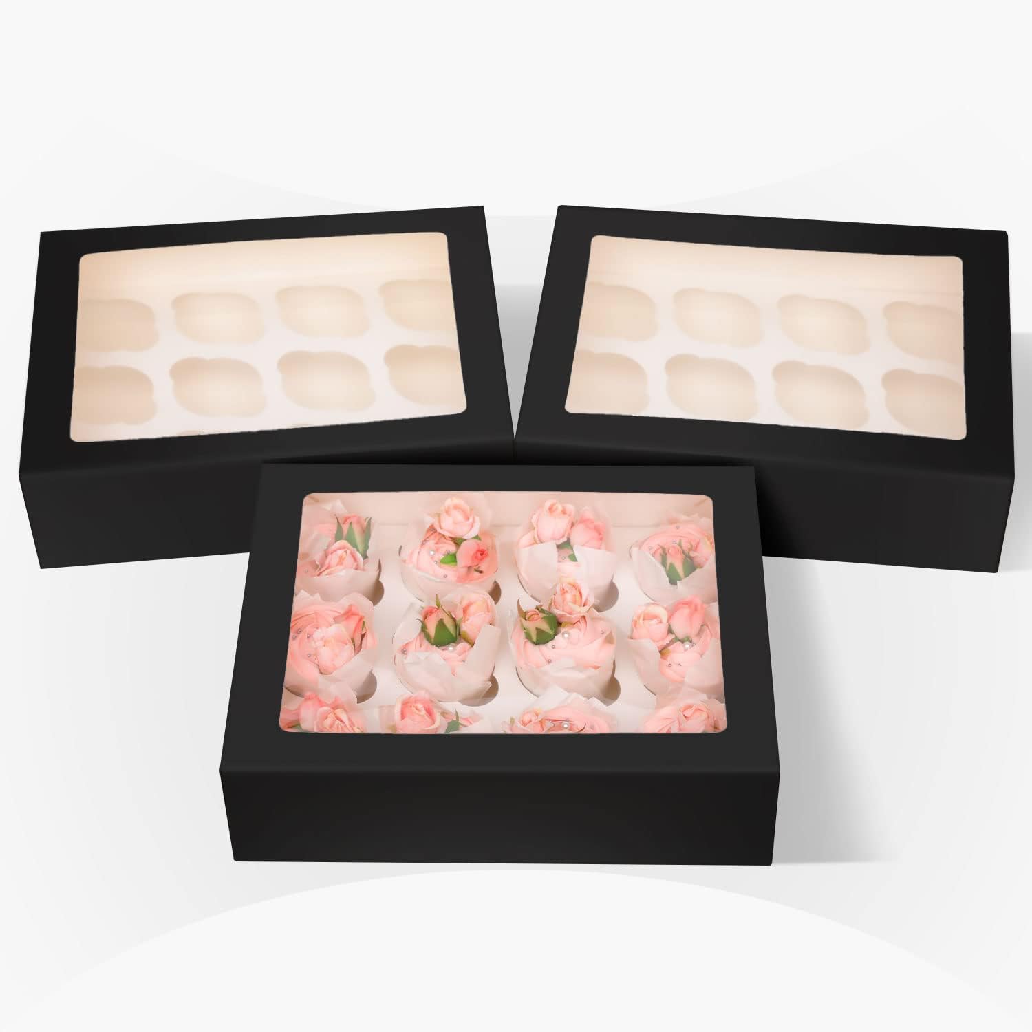 Gcardist Auto-pop Up 12 Cupcake Boxes with Window Black 6 Packs Cupcake Box 33x25.4x9cm Bakery Boxes for Cupcakes Carrier Cupcake Containers (13x10x3.5 inch) - Image 3