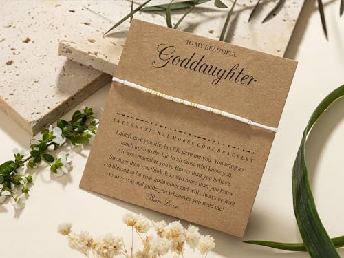 RareLove Goddaughter Gifts from Godmother Goddaughter Morse Code Beaded Bracelet Baptism Gifts for Girl, Gifts for Goddaughter First Holy Communion Gifts White Gold Pony Seed Tiny Beads, 3M25MS0044