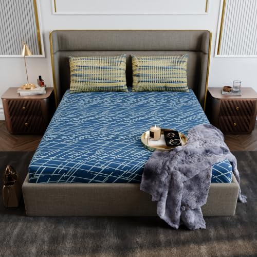 Image of Stoa Paris 100% Cotton King Size Fitted Bedsheet with 2 Pillow Covers, 180TC Printed Bedding Set, All-Season Comfort, Soft & Lightweight, Home Decor, Urbanscape - Cerulean Beams (182cmx198cm+30cm)