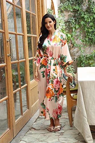 Image of Women Silk Kimono Robe Long Floral Bridesmaids Robes Satin | Wedding Party Bridal Getting Ready Robe Lightweight Dressing Gown Loungewear Sleepwear