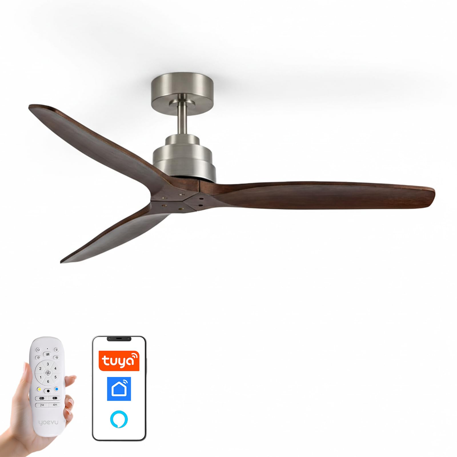 YOEVU HÉLIX Ventilador de Techo sin Luz, Mando a Distancia, 132 cm, Nogal