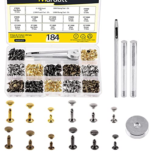 Mardatt 180 Sets Double Cap Rivets with Setting Tool Kit, 4 Colors 3 Sizes Leather Rivets Double Cap Rivet Tubular Metal Studs for DIY Leather Craft Repair and Decoration