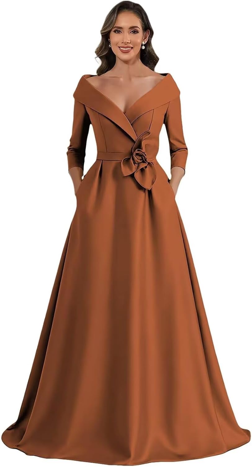 A Line Satin Mother of The Bride Dresses for Women Long Sleeve Flower Puffy Ball Gown Wedding Guest Dress with Pockets - Image 5