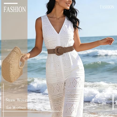 Image of Straw Woven Elastic Belt for Women Stretchy Belts for Dress Fashion Boho Waist Belt Rattan Raffia Ladies Belts