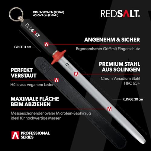 Foto von REDSALT® Premium Wetzstahl 30cm ovaler Microfein Saphirzug für hochwertige Messer | HRC 65 Chrom Vanadium Stahl Made in Solingen | Profi Messerschärfer Wetzstab ergonomischer Griff