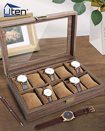 Image of Uten Watch Box 10 Slots, Watch Case Organizer with Real Glass Lid, Wood Grain PU Leather Watch Display Storage Box with Removable Imitation Suede Watch Pillows, Metal Clasp