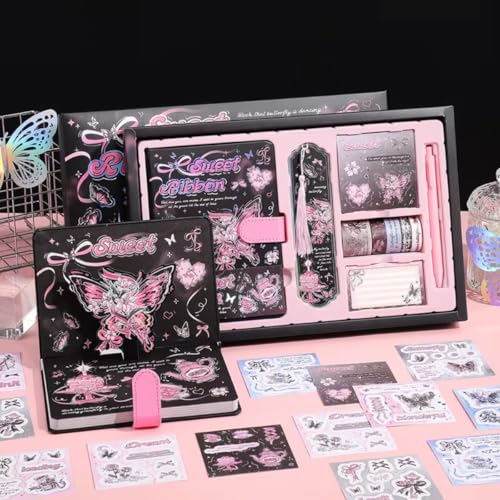 Image of PLUSPOINT Butterfly Aesthetic Scrapbook Kit for Girls - A5 Lock Diary Sweet Ribbons Theme with Stickers, Washi Tape, Memo Pads & Pen, Kawaii Journal Stationery Gift Set for DIY Scrapbooking