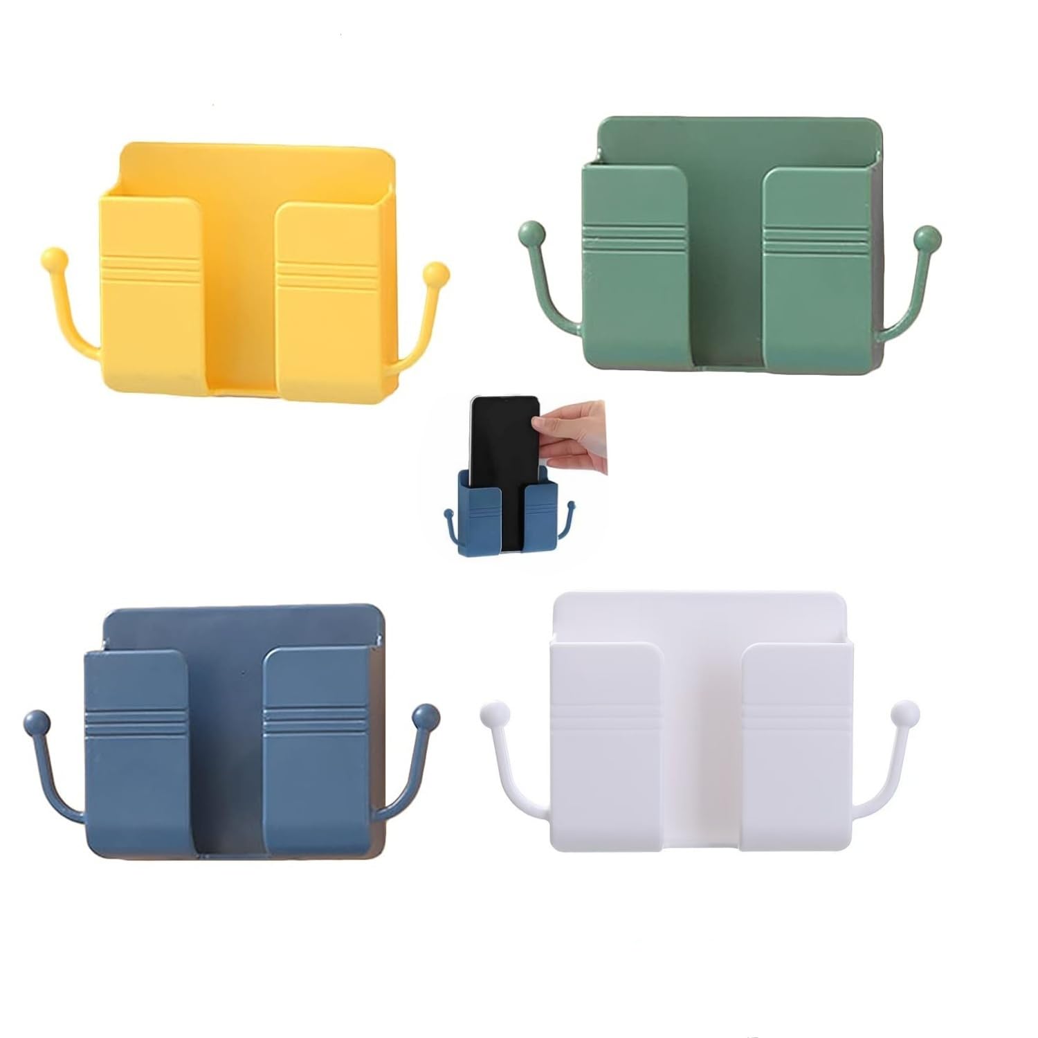 Bobozhong Green/Blue/Yellow Wall Mounted Phone Holder,4 Pcs Self Adhesive Charging Stand Holders Remote Control Organiser Abs Wall-Mounted Mobile Phone Holder With Hook For Waterproof Shower Bedroom Office