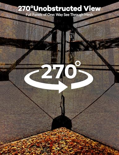Hunting Blinds, 270 Degree See Through Pop Up Ground Blind for 2-4 Person, Outdoor Turkey Gear, Waterproof Camouflage Tent with Silent Magnetic Door, Easy to Carry, for Deer & Turkey Hunting
