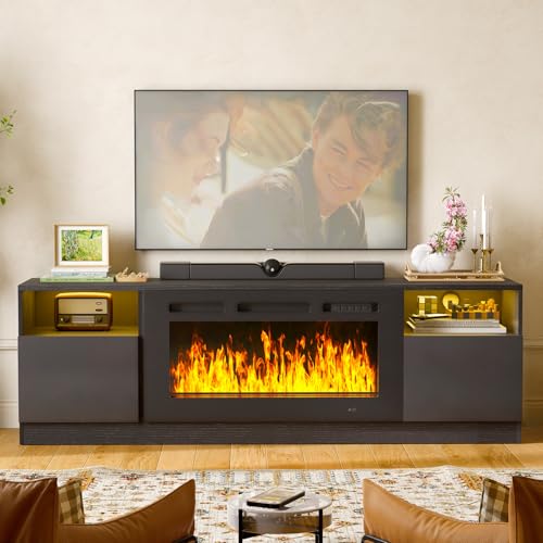 Image of MXV 70 inch Fireplace TV Stand for TVs Up to 80 inch, LED Light Entertainment Center with 36 inch Electric Fireplace, Modern Wood Texture TV Media Console with Highlight Storage Cabinet, Black-Black