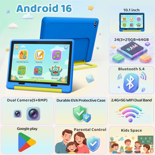 Image of Gleeso Android 16 Kids Tablet 10.1 Inch for Toddler, 24GB RAM 64GB ROM 1TB Expand, 6000mAh Battery, Parental Control, UKIDOZ Kids Space, Widevine L1, BT5.4, Dual Camera Tablet with Case-Blue