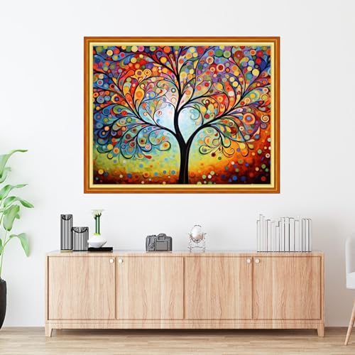 Image of Foxdiviy Magic Night Light Tree 16x20 inch 11CT Embroidery Patterns Art Crafts DIY Needlepoint Kits for Beginners Adults All Ages Modern Multicolor Nature, Abstract