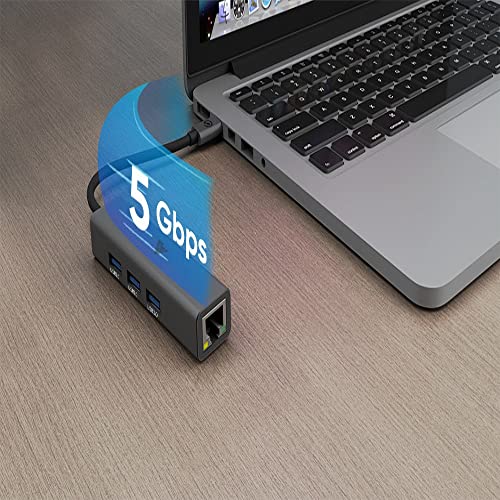 Image of Vaku Luxos USB Type C Hub Ethron 4IN1 multiport USB 3.0 High-Speed Adapter connector (5GBPS) data transfer Converter Extension with RJ45 Ethernet Port docking station USB A Port Compatible with Macbook Air Pro (M1, M2 etc), iPad Pro Air, Laptop, and Other Type C Mobile & Devices