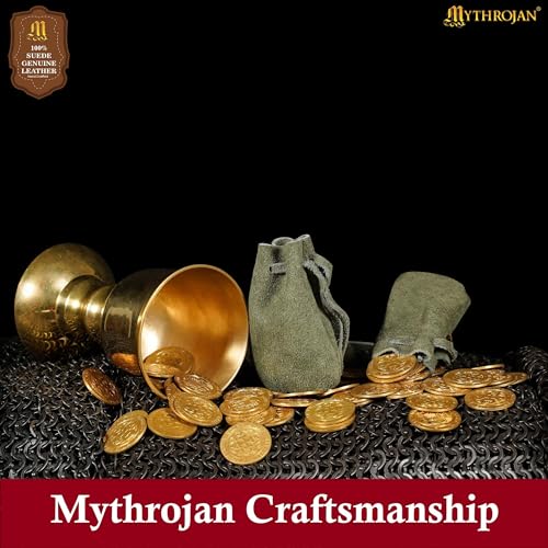 Image of Mythrojan Pack of 25 Small Trinket Pouches Suede Leather Drawstring Coin & Dice Bags for LARP, SCA, Viking & Medieval Events, Color : Dark Green