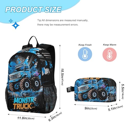 SPRIPORT Monster Truck Blue Kids Backpack Set for Boys Girls Lightweight Toddler School Bookbag with Insulated Lunch Box Casual Daypack for Preschool Kindergarten College Work Travel2