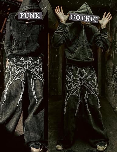 Y2K Goth Baggy Pants Wide Leg Ripped Jeans Embroidered Straight Leg Pants Vintage Hip Hop Grunge Denim Jeans3