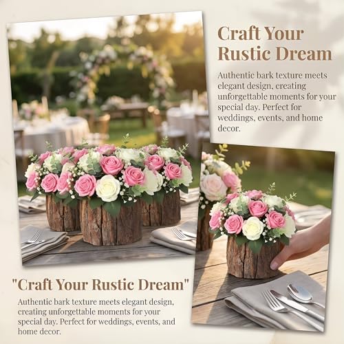 Image of Housoutil Wooden Vase for Centerpieces, 3 Pack Wood Flower Vase Rustic Tree Stump Planter Pots, Wooden Bark Flower Bucket for Wedding, Farmhouse Christmas Table Decor, Round Bark Stump Pots
