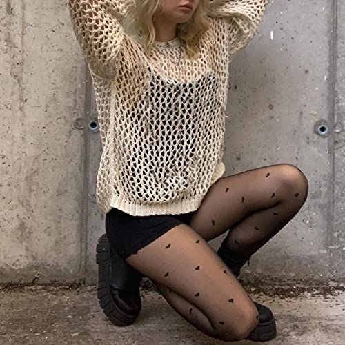 Women Knit Pullover Hollow Out Shirt Beach Bikini Mesh Cover Up Tees Off Shoulder See Through Top Streetwear (C-White, Large) #TOP3