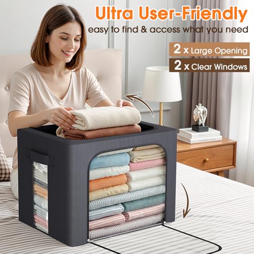 Image of 4 Pack Clothes Storage Bins with Metal Frame, 40L Foldable Fabric Storage Boxes with Clear Window, Front & Top Zipper Openings, Stackable Organizer Bins with Handles for Closet & Bedroom (Light Grey)