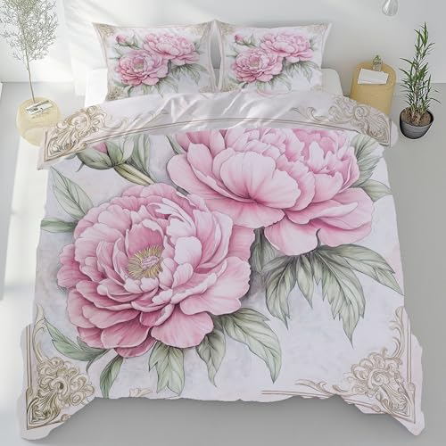 Tyafsgvqo Pfingstrose Bettwäsche 135x200 3 Teilig, Vintage Elegant Blüten...