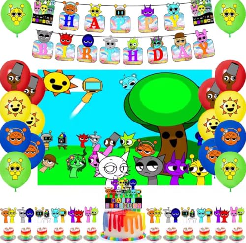 Sprunkie Birthday Party Supply Decoration Banner Cake Topper Cupcake Toppers Backdrop and Balloons Multicolors