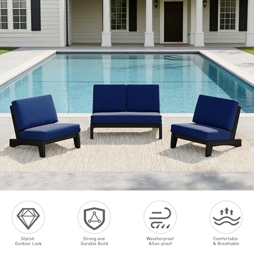 Image of Pia Ricoo 4 Piece Patio Furniture Sets, Outdoor Furniture with 2 Chairs & Coffee Table, Patio Conversation Set for Backyard, Deck, Lawn, Navy, Dark Wood