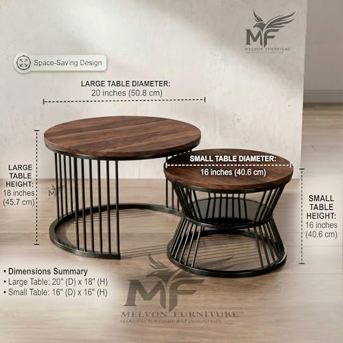 Image of MELVON Lightweight Nesting Coffee Table Set of 2, Black Frame with Walnut Finish Top, Round Coffee & Side Tables for Living Room