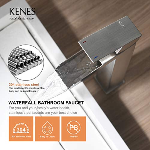 Kenes Tall Bathroom Vessel Sink Faucet, Brushed Nickel Tall Waterfall Bathroom Faucet, Single Handle Waterfall Bathroom Faucet Lavatory Vanity Faucet With Pop Up Drain & Water Supply Hoses Lj-9035A #TOP4
