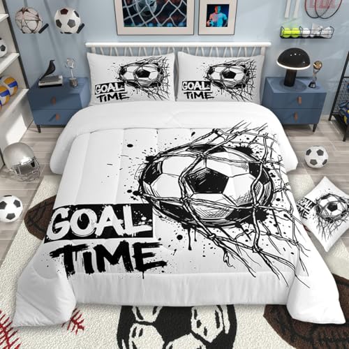 Image of Feelyou Soccer Comforter Set All Season Football Sports Bedding Set with 2 Pillow Cases Soccer Ball Game Microfiber Kids Queen Bedclothes Bedroom Decor Duvet Quilt Breathable Soft Lightweight