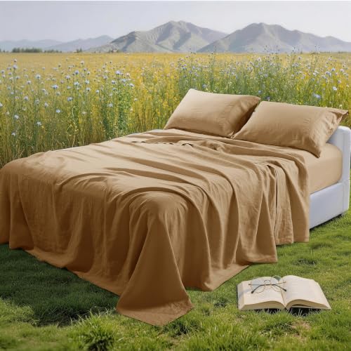 Image of 100% Pure Linen Sheet Set for Hot Sleepers, Breathable Natural Linen Sheets 4pcs, Bedding Set Deep Pocket Up to 16 inch Moisture-Wicking, Softens with Every Wash (Rust King)