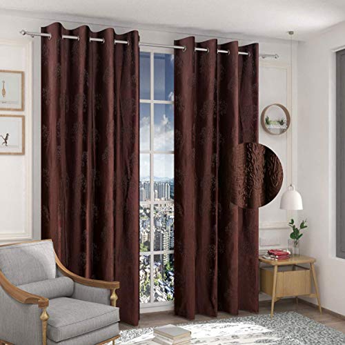 Image of Polyester Premium Tree Design Punching Screen for Home Office | Door Curtain 7 Feet Long Set of 2 | Modern Parde for Living Room Bedroom | Eyelet Rings | Brown Curtains