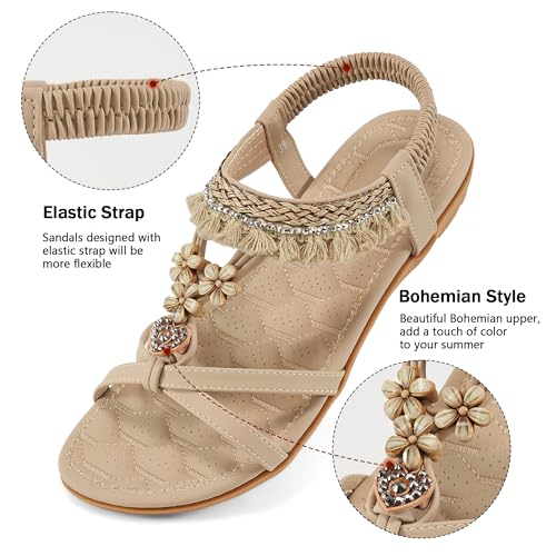 Image of Aomigoct Womens Sandals Comfortable Dressy: Summer Casual Flat Sandal for Walking - 2026 Cute Bohemian Shoes Elastic Ankle Strap