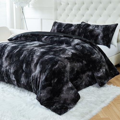YIYEA Faux Fur Queen Size Comforter Set, Luxury Ultra Soft Fluffy Comforter, Plush Fuzzy Bedding Comforter Sets for Fall Winter, Cozy Warmth, No Shedding, 3PC, Queen