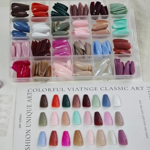 Image of 24 Colors Press on Nails Coffin Fake Nails Medium False Nails Pure Color Glue on Nails Glossy Reusable Artificial Acrylic Nail Full Cover Solid Color Stick on Nails for Women Manicure 576Pcs