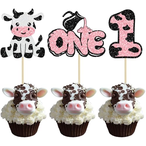 Ephlyn 24Pcs Cow First Birthday Cupcake Toppers Glitter Farm Animals Moo One Cupcake Pick Decorations for Baby Shower 1st Birthday Party Supplies Pink