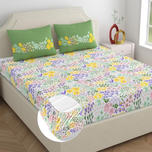 Image of Home Ecstasy 100% Cotton King Fitted Bedsheet with 2 Pillow Covers - (Size 72 x 78 inches, 140 TC, Colour - Green)