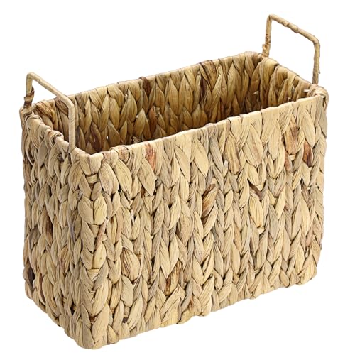 BSTKEY Soporte para revistas de jacinto de agua natural con 2 asas, cesta de almacenamiento de periódicos tejida a mano, organizador de correo, contenedor de mesa, soporte para libros para oficina en