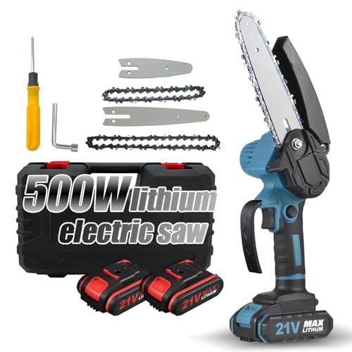 Ailgely Mini Motosierra Bateria 6 y 4 Pulgadas, 21 V Motosierra Eléctrica de Mano Pequeñas Sierra Podar Bateria, 2x2000 mAh, 2 Cadenas, para Cortar Ramas Y Madera En El Jardín