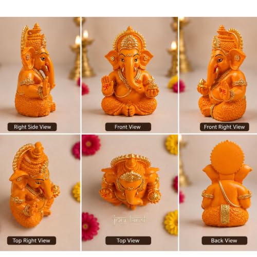 Image of JOY LAND Lord Ganesha Car Dashboard Idol | White & Gold Ganesh Murti for Car Dashboard, Home & Office Decor (Orange)