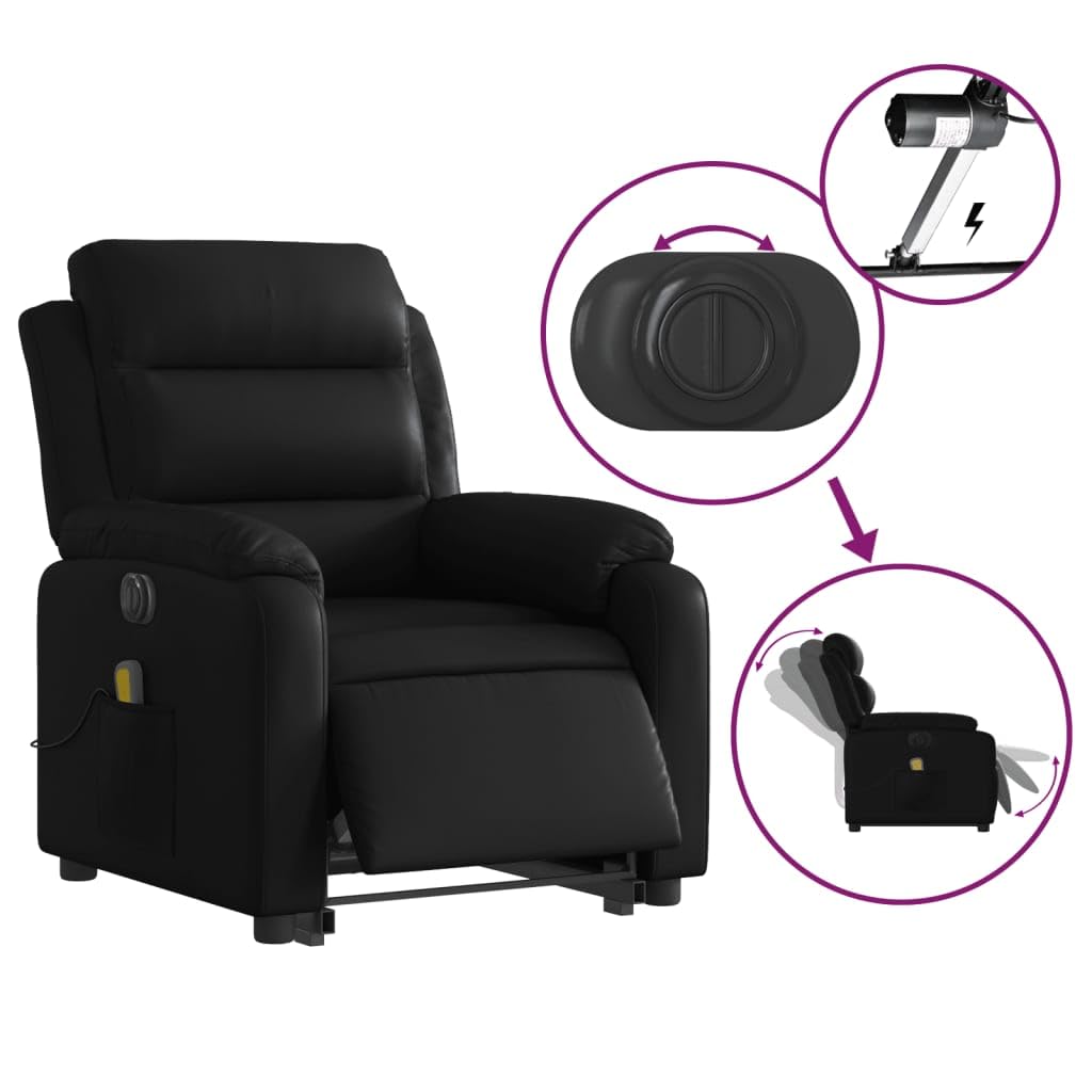 vidaXL Sillón de Masaje Elevable Eléctrico, Silla con Respaldo, Sillón Orejero Ajustable, Asiento para Personas Mayores, Cuero Sintético Negro