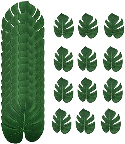 Treki 24 Stück künstliche Palmblätter, Palme, tropische Soulpe, Dekoration, Schildkrötenblatt, grüne Pflanze für Hawaiianische Themenabende, Luau, Haus, Garten, Büro, Dekoration (2 Größen) Cover