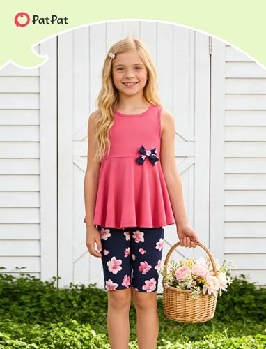 Image of PATPAT Girls Summer 2 Piece Outfits 4-12Y Butterfly Bow Sleeveless Tunic Tops and Floral Print Shorts Cute Clothes
