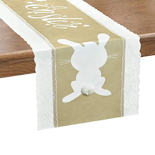 Yugarlibi Camino de mesa con bola de pelo, camino de mesa de Pascua, lino amarillo y blanco, borde de encaje, mantel para mesa de comedor, decoración de Pascua, fiesta, 35 x 180 cm Cover