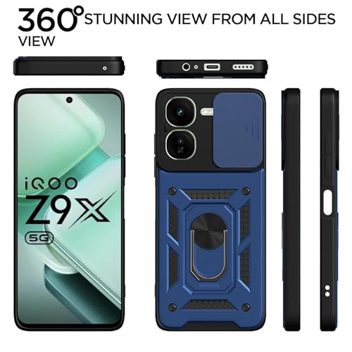 Image of Pikkme D10 Tough Armor Bumper Case | 360 Protection Case | Sliding Camera Shield Cover & Ring Holder Stand Back Cover for iQOO Z9X 5G (Blue)