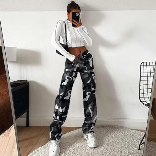 Image of Lepunuo Cargo Pants for Women High Waisted Casual Pants Baggy Stretchy Wide Leg Y2K Streetwear with 6 Pockets