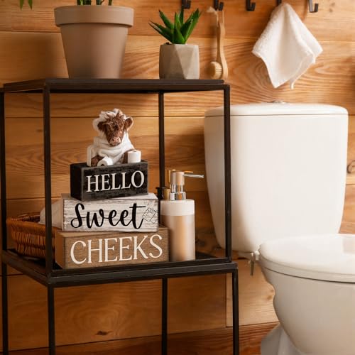 Image of Moucuny 4 Pcs Bathroom Shelf Decor Highland Cow Farmhouse Bathroom Decor and Accessories Rustic Eucalyptus Leaves Hello Sweet Cheeks Highland Cow Sign Western Table Centerpiece for Home Office Toilet