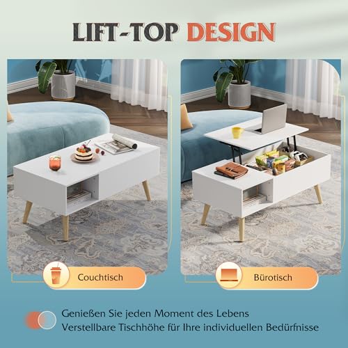 WLIVE Couchtisch Höhenverstellbar und Ausziehbar, Wohnzimmertisch mit Großem Verstecktem Staufach, Hebeplatte Kaffeetisch für Büro,50 x 100cm Sofatisch, Weiß – Bild 5