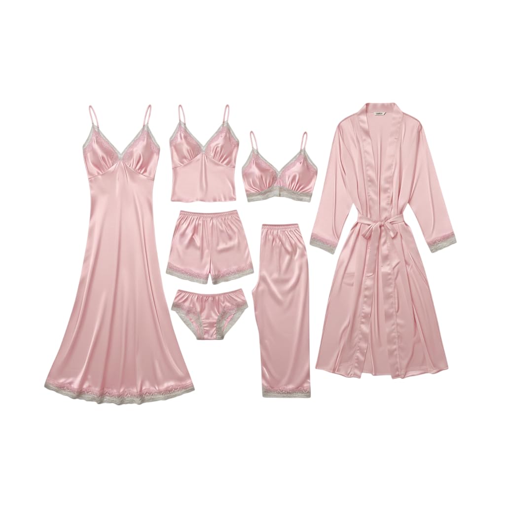 e - ezra Valentine's Day Fancy Night Suit Bath Robe Dress & Bra Panty Set Combo for Women's Pack of 7 Pcs Nightwear Lingerie Soft Silk Wedding Gifts Set Nightsuit (Free Size) Yellow-picture-37