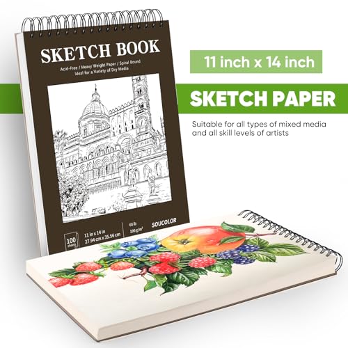 Image of Soucolor 11 inchx14 inch Large Sketchbook,100 Sheets Thick Acid Free Sketch Pad